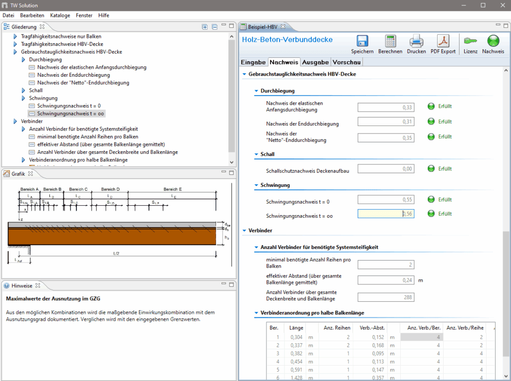 Screenshot der Benutzeroberfläche einer Ingenieursoftware mit HBV-Eingabefeldern, Berechnungsergebnissen, einem Strukturdiagramm und einer Tabelle zur Berechnung von Holz-Beton-Verbunddecken. Verschiedene Registerkarten und Navigationsleisten sind sichtbar.
